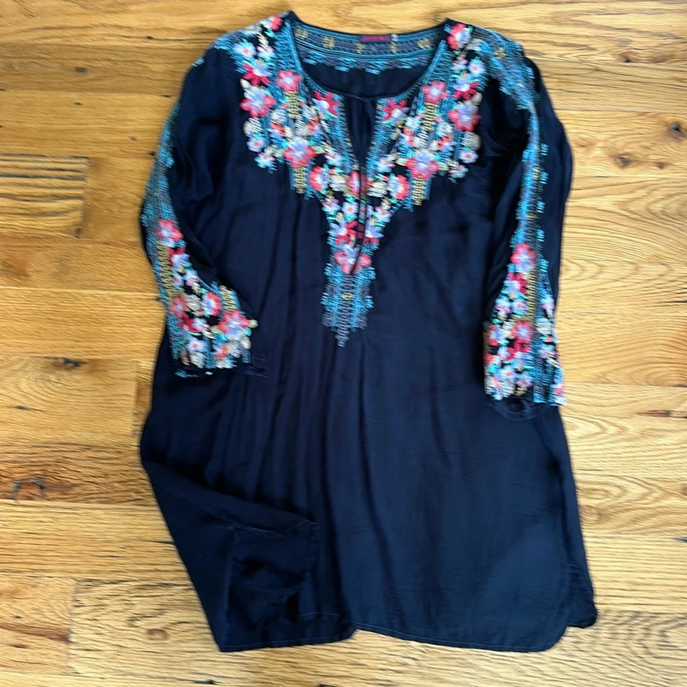 Johnny Was Black Embroidered Floral Dress with Red, Turquoise, Yellow Accents - Picture 3 of 5